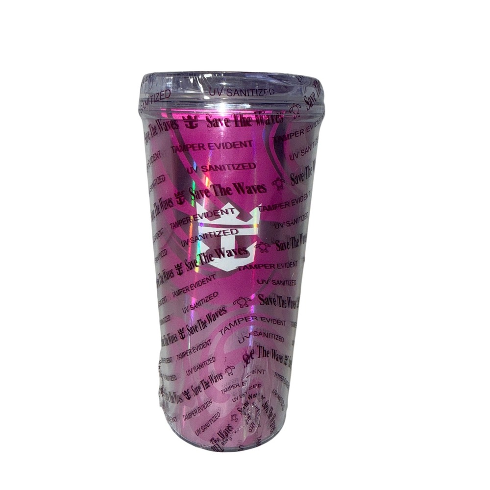 Royal Caribbean Save the Waves Soda Tumbler Pink Purple Sealed Holographic Cup